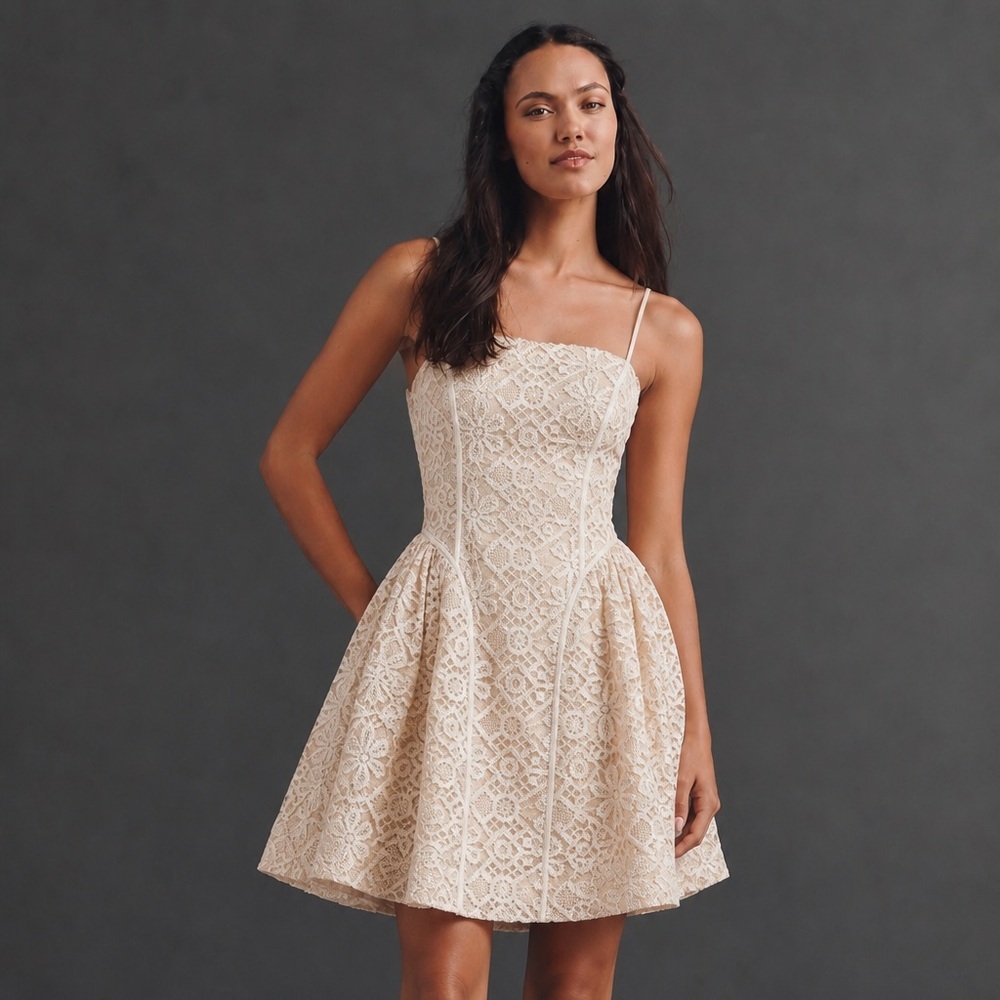 NWT! By Anthropologie Lace Basque-Waist Mini Dress in Ivory - Multiple🛋️🍊🪑